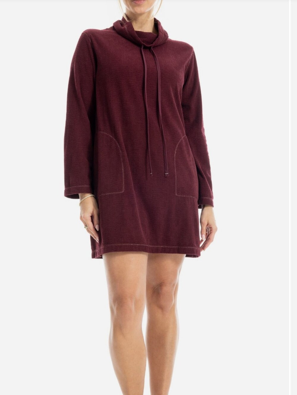 Max Studio Wine Corduroy Drawstring Cowl Neck Long Sleeve Mini Dress Size Large